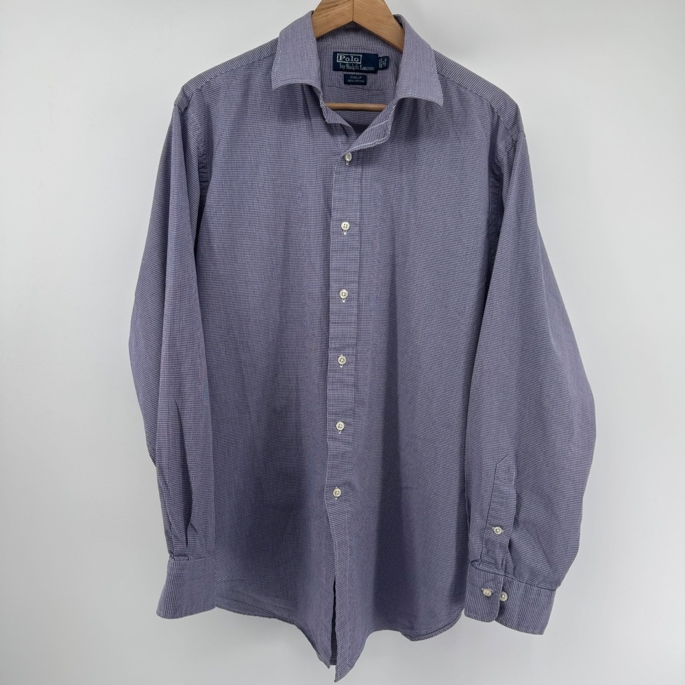 Polo Ralph Lauren Mens XL 17 Philip‎ Fit Gingham Dress Shirt Purple Cotton - Picture 3 of 8